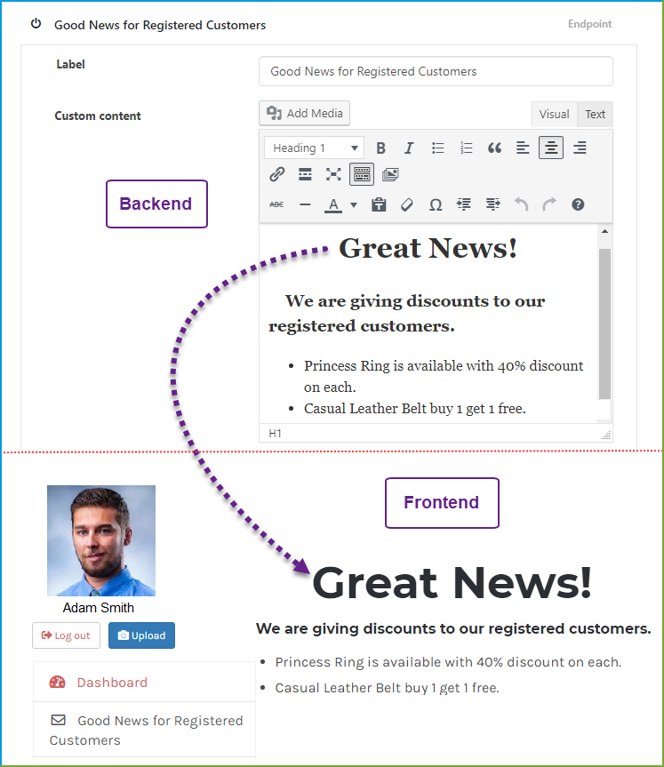 Benutzerdefinierte WooCommerce-Kontoseite - WYSIWYG-Editor